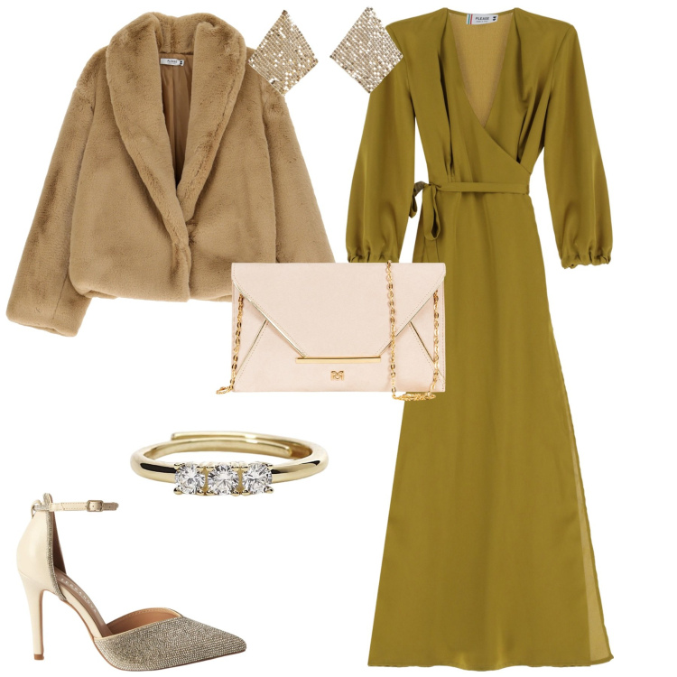 Outfit donna - Evento serata speciale. Stile Glamour per Serata fuori. Abbinamento con décolleté, orecchini, anelli, vestiti lunghi, ecopellicce, pochette.