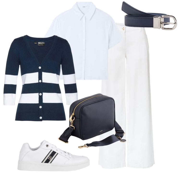 Outfit donna - Giornata comoda con stile. Stile Sporty chic per Tutti i giorni. Abbinamento con pantaloni a palazzo, cardigans, sneakers, camicie a manica corta, borse a tracolla, cinture.