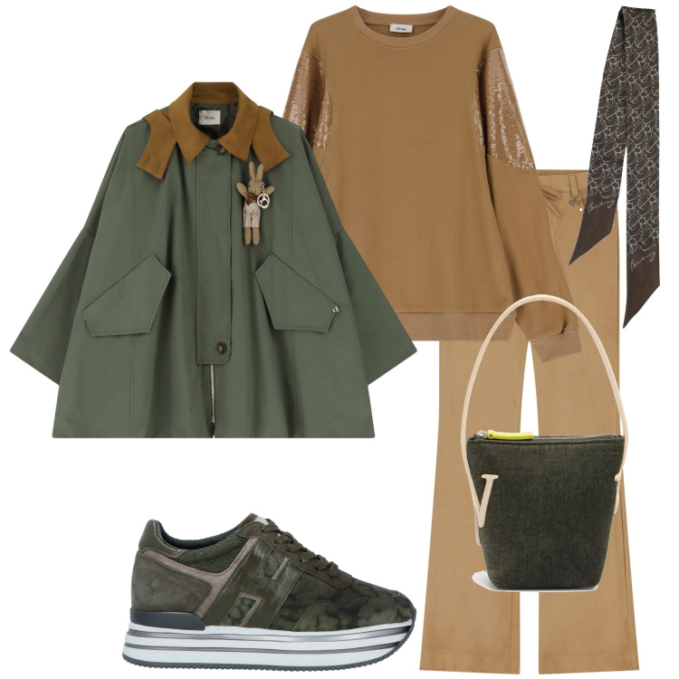 Outfit donna - In città. Stile Casual chic per Ufficio. Abbinamento con sneakers, pantaloni, blazer, felpe, borse a spalla, foulard.