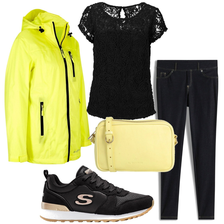 Outfit donna - La giacca che abbaglia. Stile Minimal per Tutti i giorni. Abbinamento con maglieria, blazer, jeggings, sneakers, borse a tracolla.