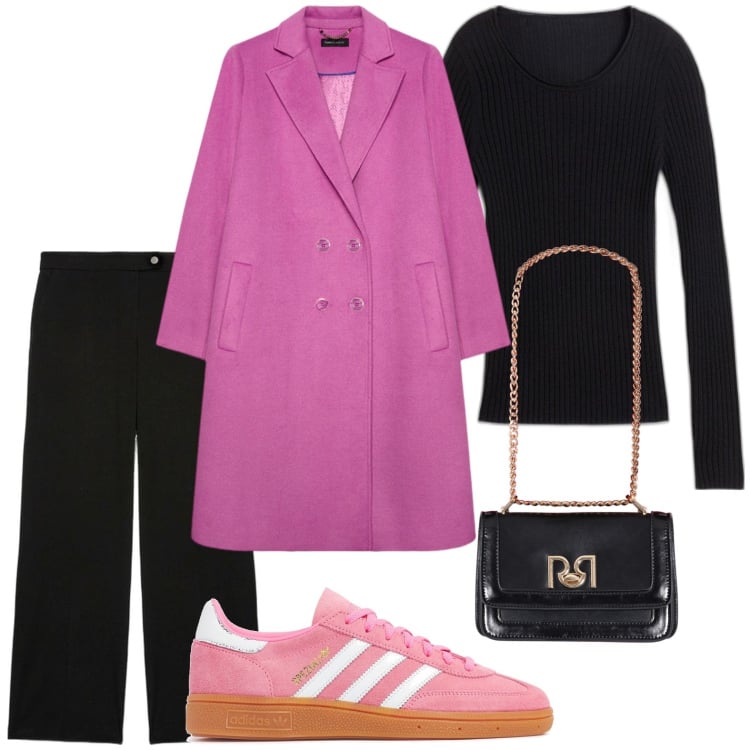 Outfit donna - Gli ultimi freddi. Stile Glamour per Tutti i giorni. Abbinamento con maglieria, pantaloni a palazzo, cappotti, borse a tracolla, sneakers.