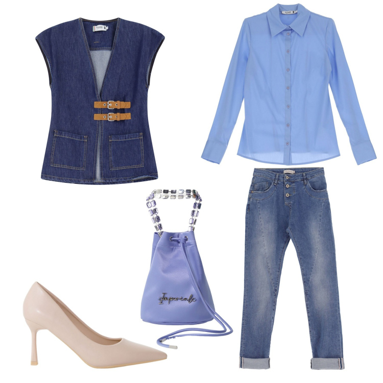 Outfit donna - Total look #2091346. Stile Casual chic Abbinamento con borse a secchiello, décolleté, jeans slim fit, gilet, camicie.