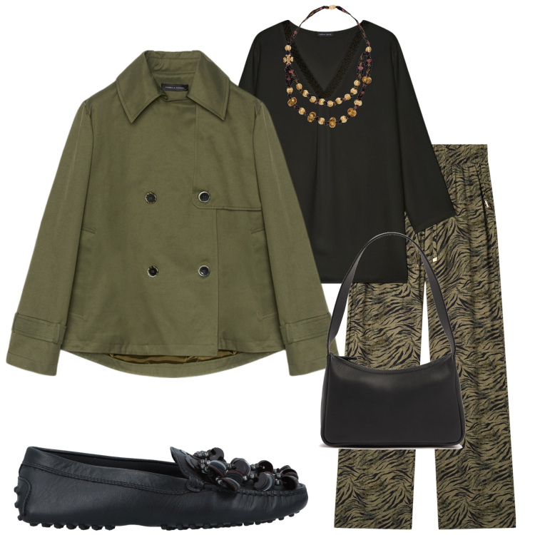 Outfit donna - In città. Stile Casual chic per Tutti i giorni. Abbinamento con mocassini, collane, pantaloni, trench, t-shirt, borse a spalla.