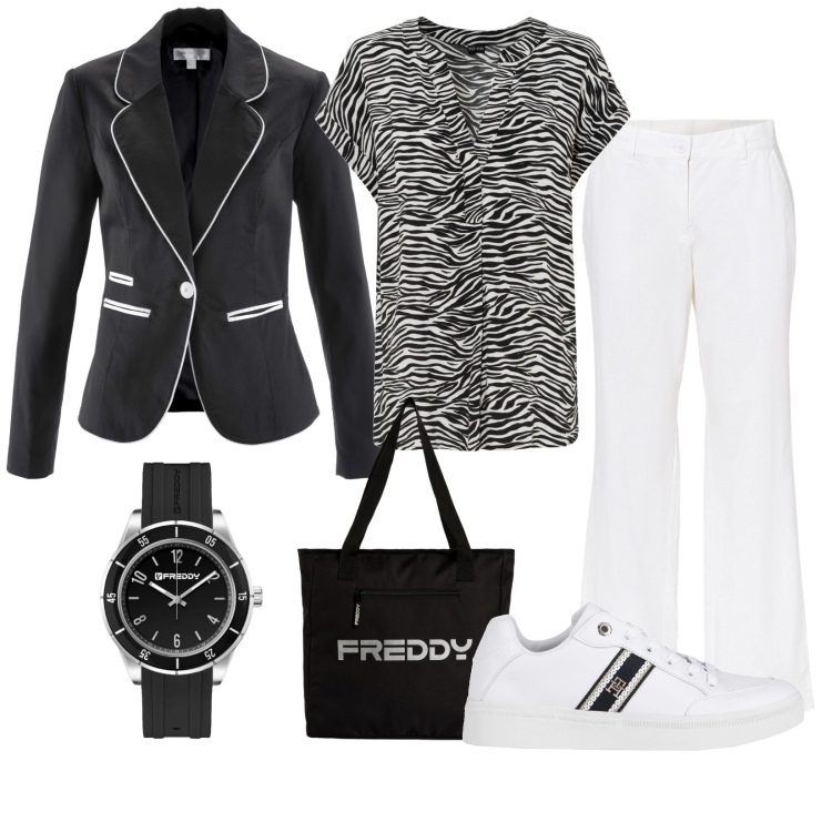 Outfit donna - Zebra bianco nero. Stile Casual per Tutti i giorni. Abbinamento con pantaloni, bluse, blazer, sneakers, orologi, shopping bag.
