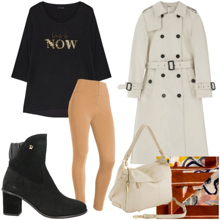Outfit donna - Outfit ufficio. Stile Casual per Ufficio. Abbinamento con stivaletti, foulard, trench, pantaloni skinny, t-shirt, borse a tracolla.