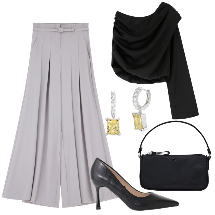 Outfit donna - Cena di lavoro. Stile Chic per Ufficio. Abbinamento con orecchini, bluse, décolleté, pantaloni, pochette.