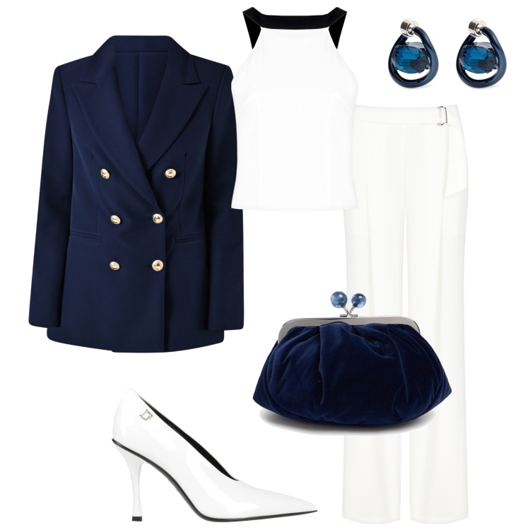 Outfit donna - Cerimonia con Rinascimento. Stile Chic per Cerimonia. Abbinamento con décolleté, top, blazer, pantaloni, pochette, orecchini.