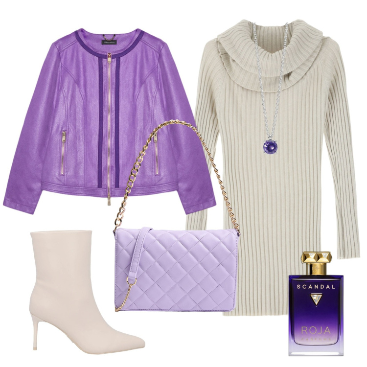 Outfit donna - Mood lilla. Stile Chic per Tutti i giorni. Abbinamento con stivaletti, profumi, borse a tracolla, collane, vestiti corti, blazer.
