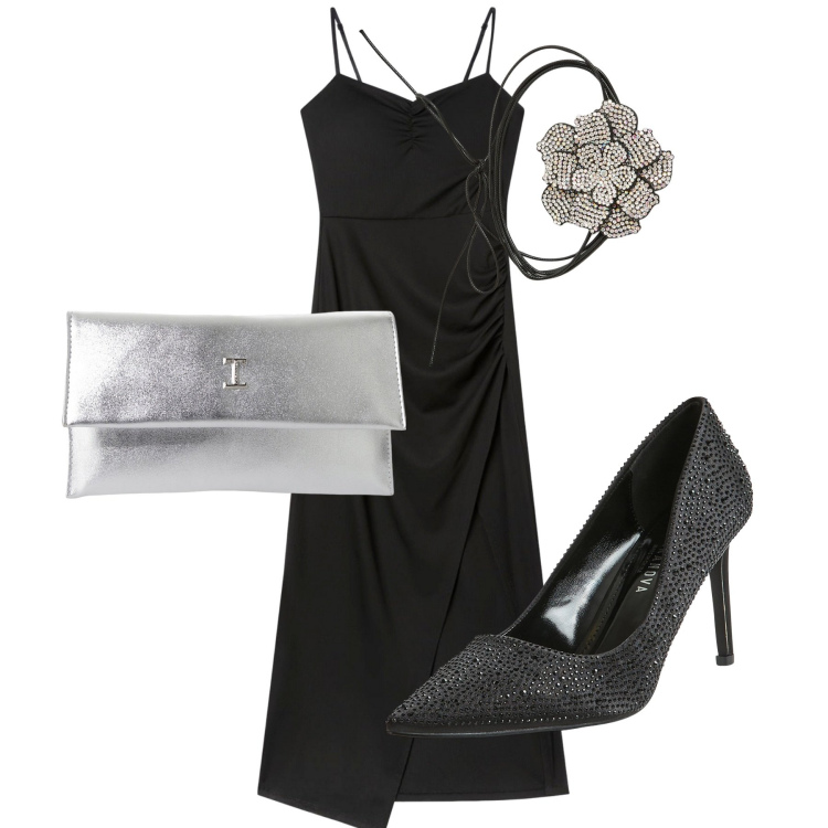Outfit donna - Black and silver. Stile Bon Ton per Serata fuori. Abbinamento con vestiti lunghi, décolleté, collane, pochette.