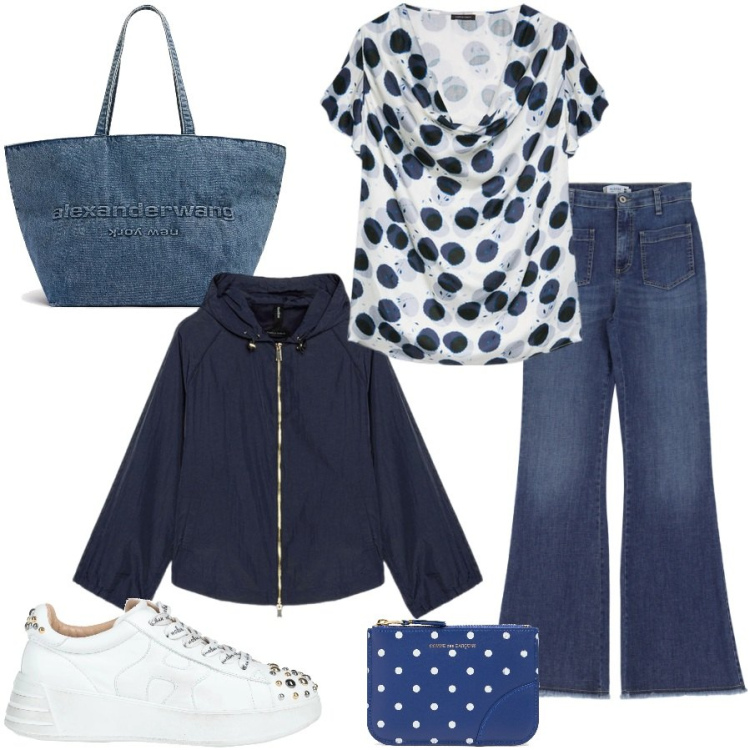 Outfit donna - Weekend fuori città. Stile Casual chic per Tutti i giorni. Abbinamento con sneakers, jeans, parka, top, portafogli, shopping bag.