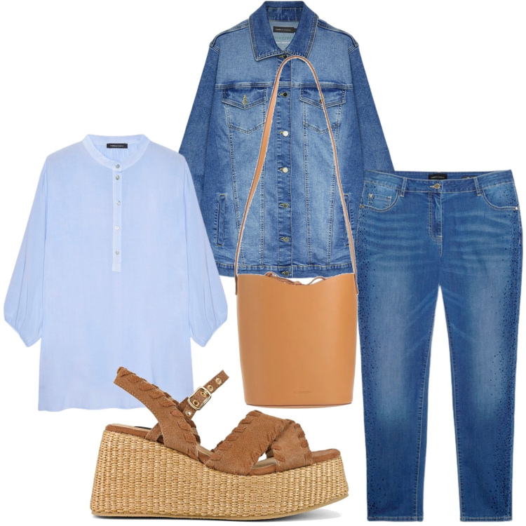 Outfit donna - Denim forever. Stile Glamour per Tutti i giorni. Abbinamento con borse a mano, zeppe, jeans skinny, bluse, blazer.