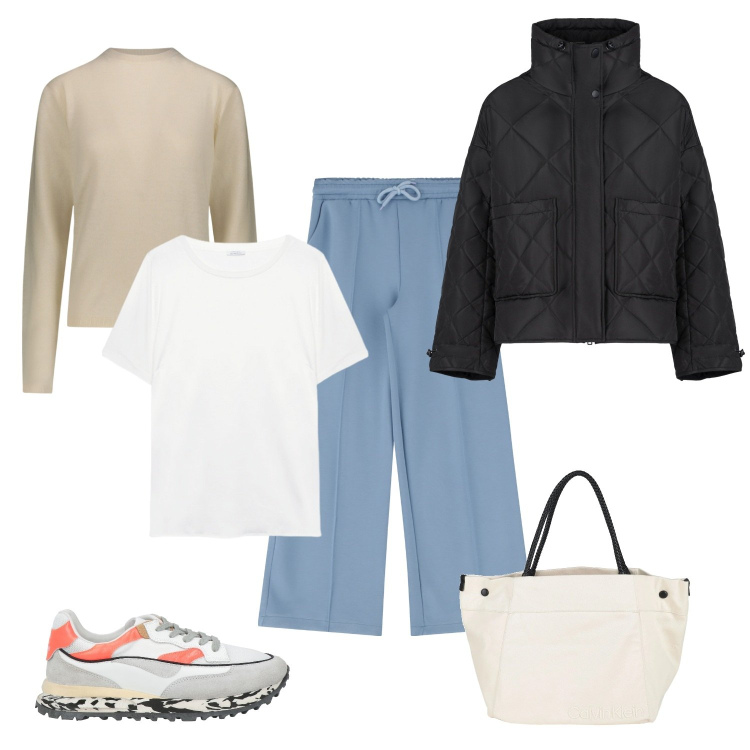 Outfit donna - Total look #2091386. per Tutti i giorni. Abbinamento con sneakers, borse a mano, t-shirt, pantaloni, blazer, maglieria.