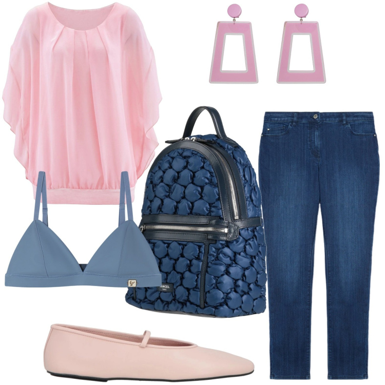 Outfit donna - Lo zaino sportivo. Stile Casual per Scuola/Università. Abbinamento con bluse, zaini, orecchini, ballerine, reggiseni, jeans skinny.