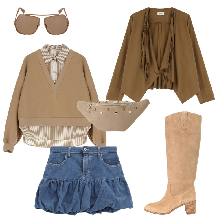 Outfit donna - La gonna a palloncino. Stile Casual chic per Tutti i giorni. Abbinamento con stivali, minigonne, felpe, marsupi, blazer, occhiali da sole.