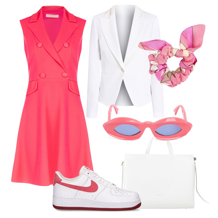 Outfit donna - Mix & Match in primavera. Stile Casual chic per Tutti i giorni. Abbinamento con borse a mano, blazer, vestiti midi/longuette, sneakers, accessori per capelli, occhiali da sole.