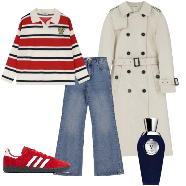 Outfit donna - Aspettando la primavera. Stile Trendy per Tutti i giorni. Abbinamento con profumi, jeans, pullovers, trench, sneakers.