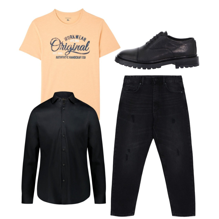 Outfit uomo - City. Stile Casual per Tutti i giorni. Abbinamento con t-shirt, jeans strappati, scarpe stringate, camicie.