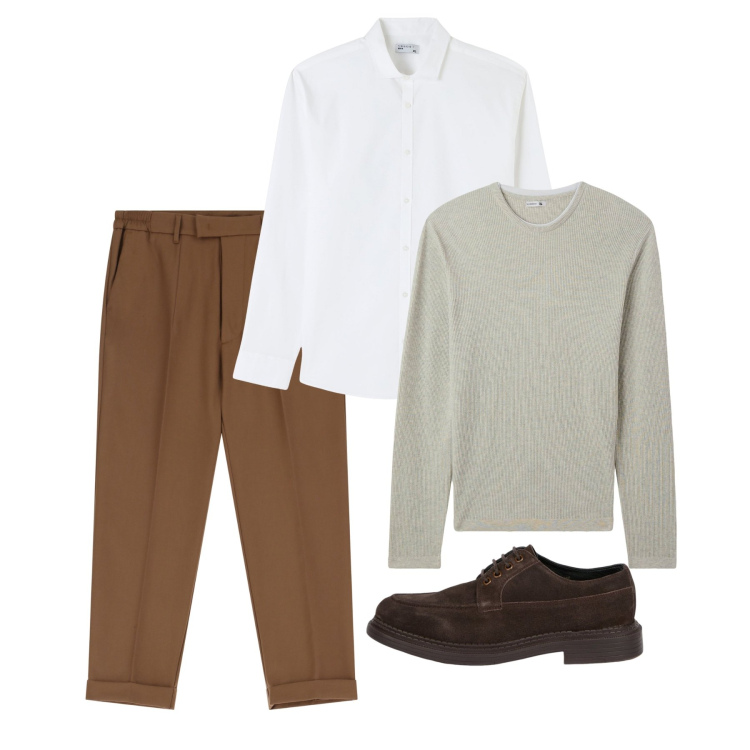 Outfit uomo - Marzo. Stile Casual per Tutti i giorni. Abbinamento con camicie, maglieria, pantaloni, scarpe stringate.