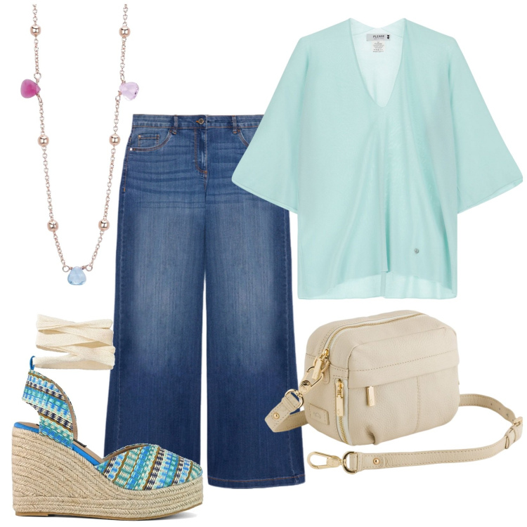 Outfit donna - Aria di primavera. Stile Casual per Tutti i giorni. Abbinamento con collane, maglieria, zeppe, jeans, borse a tracolla.