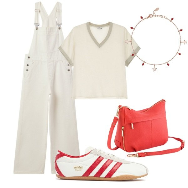 Outfit donna - A spasso per la città. Stile Trendy per Tutti i giorni. Abbinamento con braccialetti con ciondoli, salopette, maglieria, sneakers, borse a tracolla.