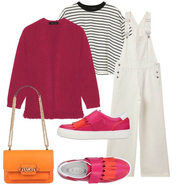 Outfit donna - Salopette. Stile Casual per Tutti i giorni. Abbinamento con sneakers, borse a spalla, cardigans, salopette, t-shirt.