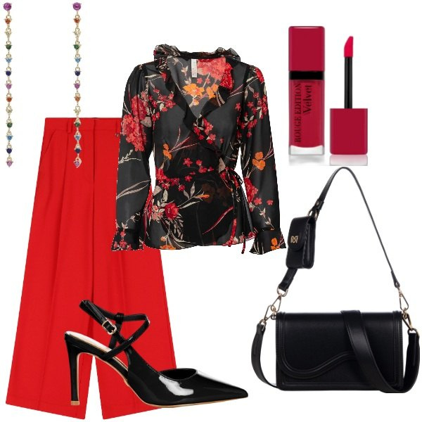 Outfit donna - Serata fuori. Stile Glamour per Serata fuori. Abbinamento con bluse, rossetti, orecchini, pochette, décolleté, pantaloni a palazzo.