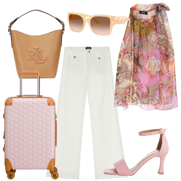 Outfit donna - Siviglia te quiero. Stile Sexy per Tutti i giorni. Abbinamento con sandali col tacco, pantaloni a palazzo, top, occhiali da sole, borse a secchiello, valigie.