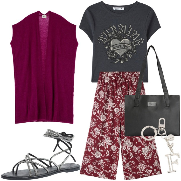 Outfit donna - Lezione all\' università. Stile Casual per Scuola/Università. Abbinamento con sandali alla schiava, t-shirt, pantaloni a palazzo, cappotti, shopping bag, portachiavi.