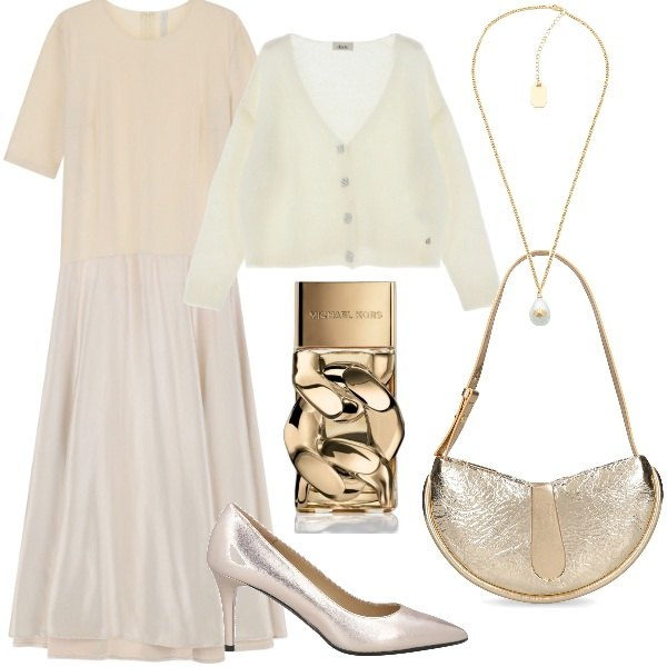 Outfit donna - Cerimonia tra intimi. Stile Glamour per Serata fuori. Abbinamento con décolleté, collane, profumi, vestiti midi/longuette, cardigans, borse a spalla.