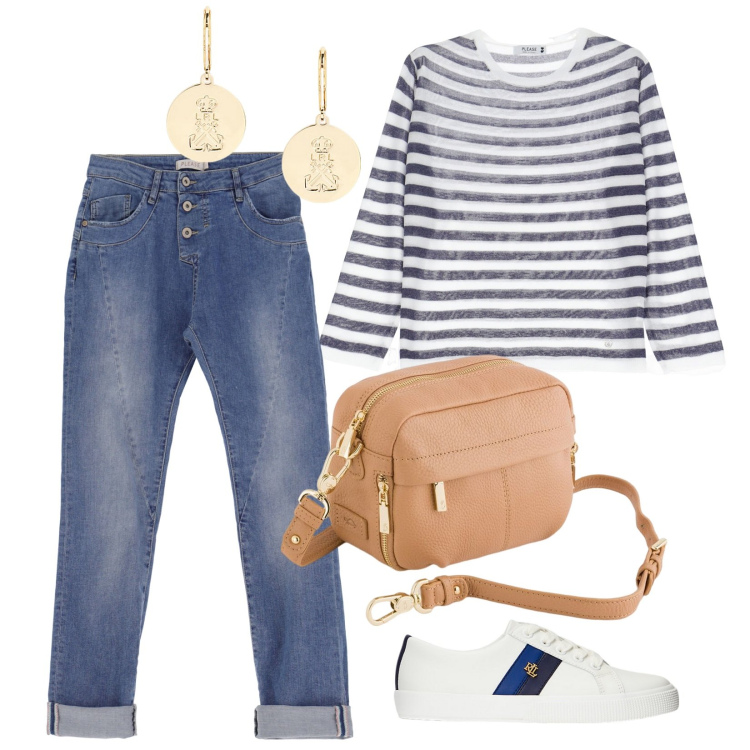 Outfit donna - Saint-Tropez 2025. Stile Basic per Tutti i giorni. Abbinamento con jeans slim fit, maglieria, sneakers, orecchini, borse a tracolla.