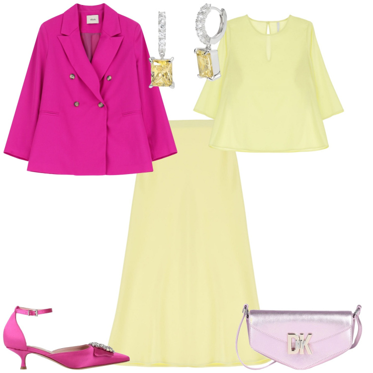 Outfit donna - Cerimonia evento serata speciale. Stile Chic per Serata fuori. Abbinamento con décolleté, borse a tracolla, orecchini, bluse, gonne longuette, blazer.