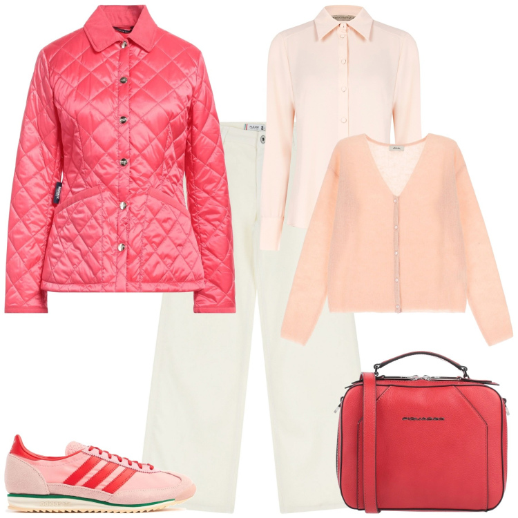 Outfit donna - In ufficio a primavera. Stile Sporty chic per Ufficio. Abbinamento con piumini, borse a tracolla, cardigans, camicie, pantaloni, sneakers.