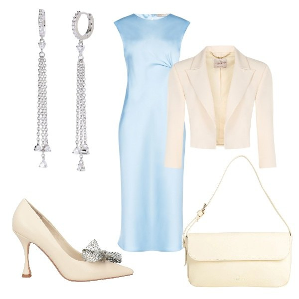 Outfit donna - Matrimonio in vista. Stile Glamour per Cerimonia. Abbinamento con décolleté, borse a mano, vestiti midi/longuette, bolero, orecchini.