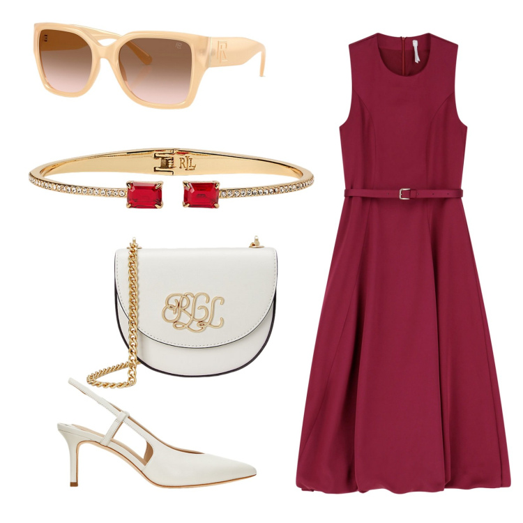 Outfit donna - Sempre di Domenica. Stile Chic per Ufficio. Abbinamento con vestiti midi/longuette, borse a tracolla, occhiali da sole, décolleté, braccialetti.