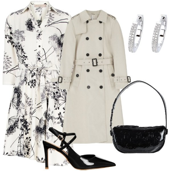 Outfit donna - Serata fuori. Stile Glamour per Serata fuori. Abbinamento con borse a mano, trench, orecchini, vestiti chemisier, décolleté.