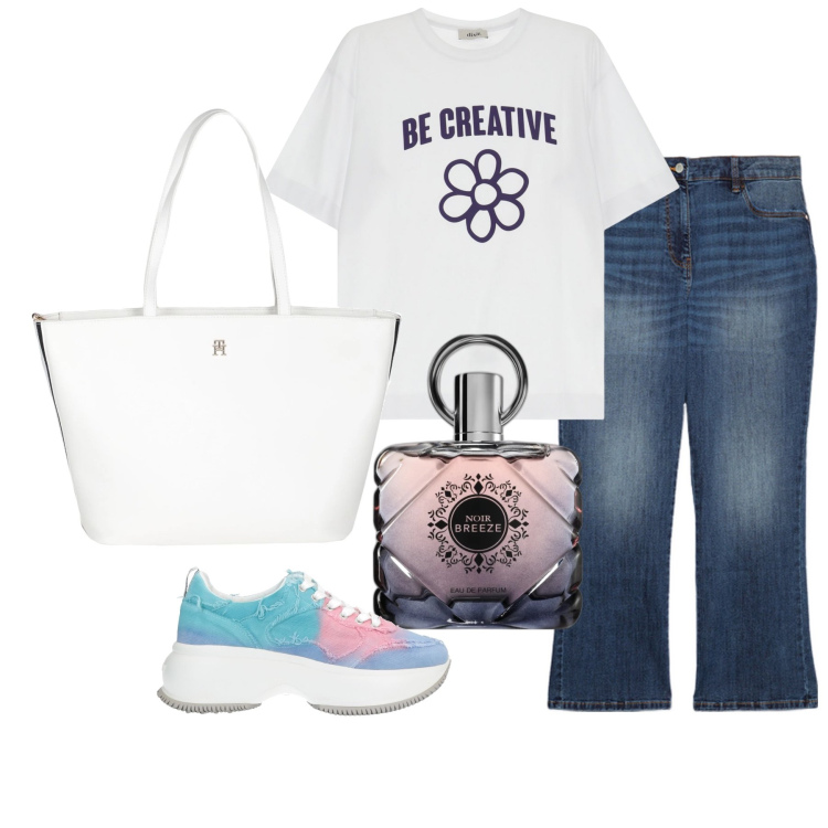 Outfit donna - Be creative. Stile Casual per Tutti i giorni. Abbinamento con sneakers, borse a mano, profumi, t-shirt, jeans.