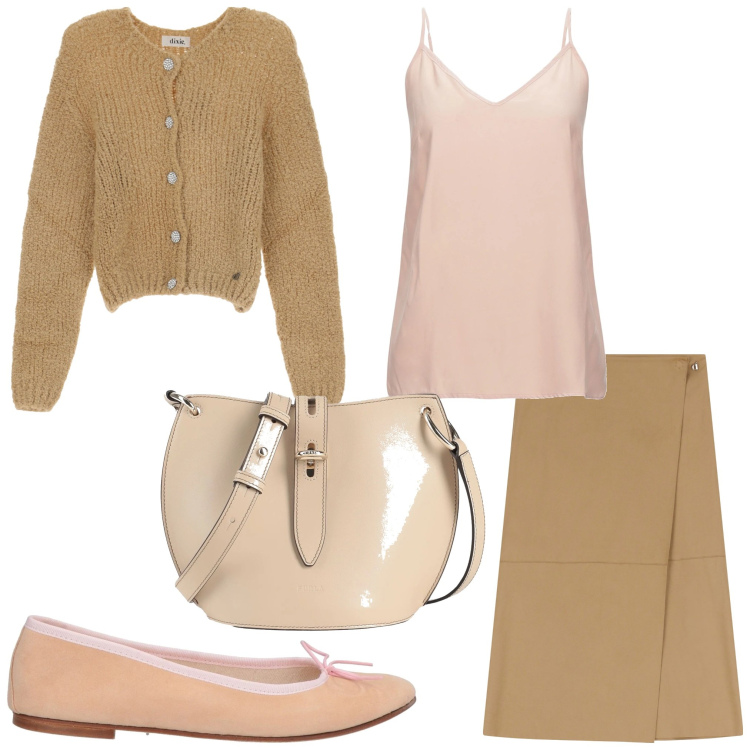 Outfit donna - Primavera in gonna. Stile Casual chic per Ufficio. Abbinamento con ballerine, borse a tracolla, top, gonne longuette, cardigans.
