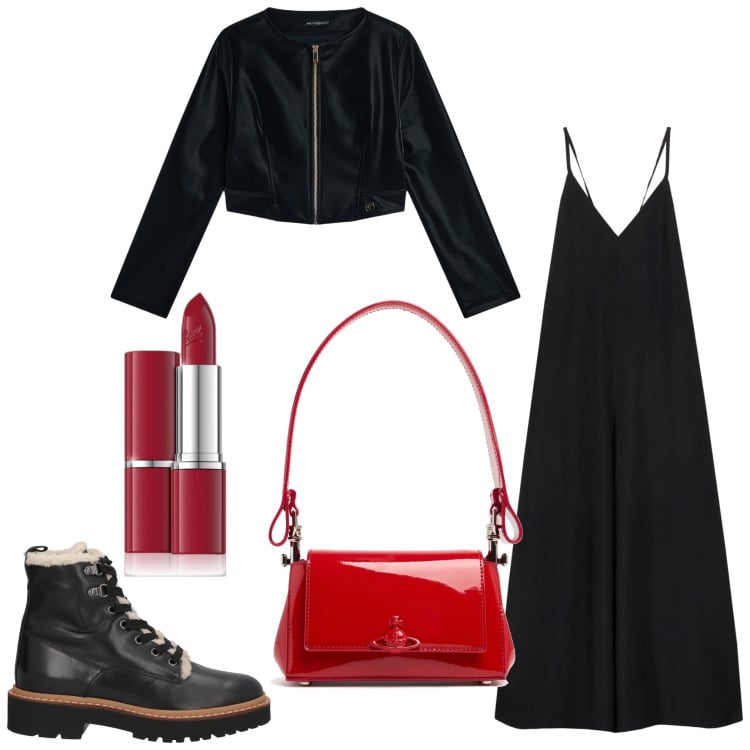 Outfit donna - Bella rock. Stile Rock per Serata fuori. Abbinamento con stivaletti, rossetti, blazer, tute, borse a spalla.