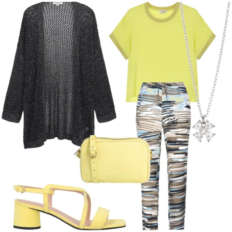 Outfit donna - Serata fresca estiva. Stile Casual chic per Tutti i giorni. Abbinamento con pantaloni, sandali in pelle, borse a tracolla, collane, kimono, t-shirt.