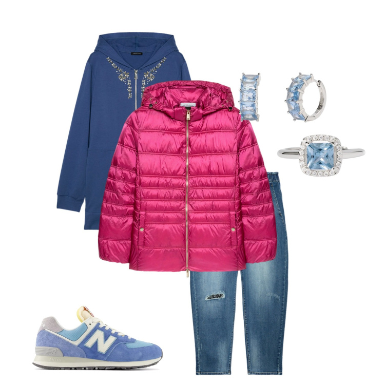 Outfit donna - Casual chic. Stile Casual chic per Ufficio. Abbinamento con orecchini, anelli, sneakers, piumini, jeans dritti, felpe con cappuccio.