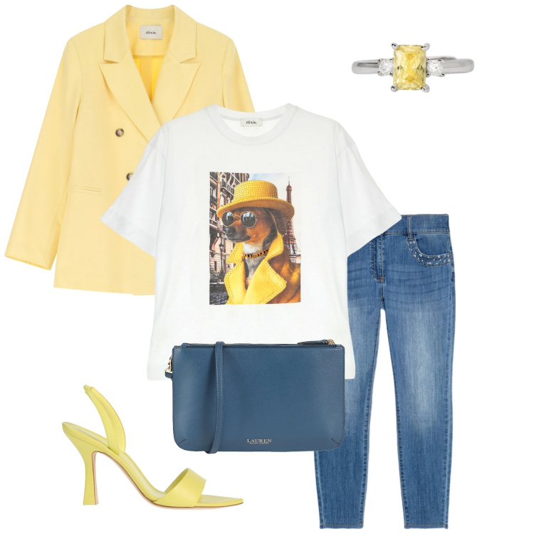 Outfit donna - Spring evening. Stile Chic per Serata fuori. Abbinamento con sandali in pelle, borse a tracolla, anelli, t-shirt, blazer, jeans skinny.
