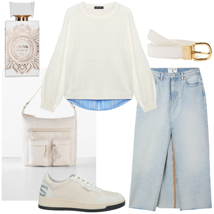 Outfit donna - Total look #2091522. Stile Casual per Tutti i giorni. Abbinamento con shopping bag, sneakers, profumi, gonne lunghe, maglieria, cinture.