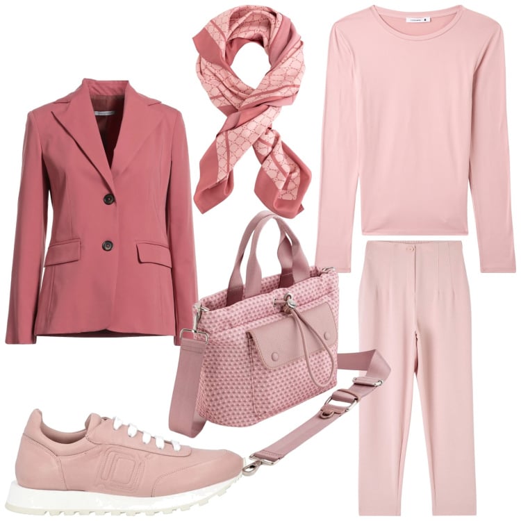 Outfit donna - Comoda in rosa. Stile Sporty chic per Ufficio. Abbinamento con blazer, sneakers, pantaloni chino, t-shirt, borse a mano, foulard.