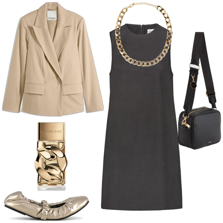Outfit donna - Total look #2091533. Stile Casual per Ufficio. Abbinamento con blazer, profumi, collane, vestiti a tubino, borse a tracolla, ballerine.