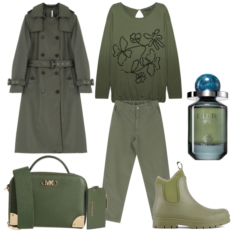 Outfit donna - In verde militare. Stile Military per Tutti i giorni. Abbinamento con borse a tracolla, profumi, trench, pantaloni, stivali, t-shirt.
