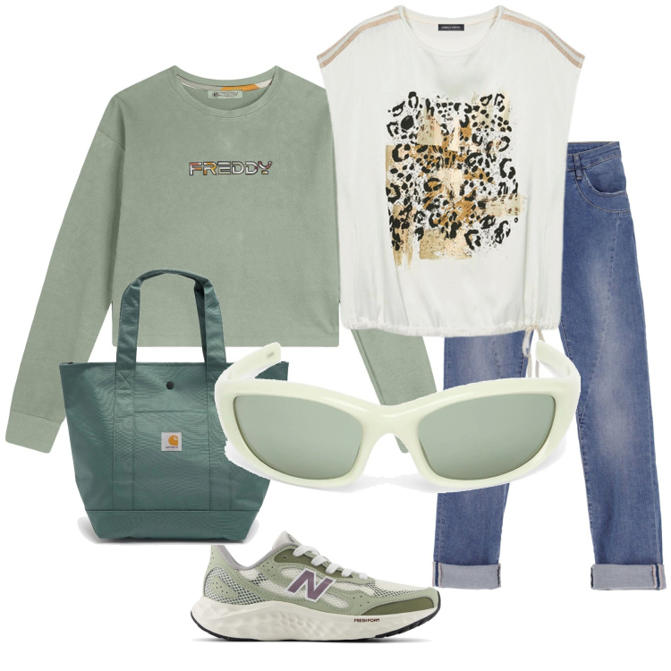 Outfit donna - Freddy. Stile Casual per Tutti i giorni. Abbinamento con sneakers, jeans slim fit, felpe, t-shirt, occhiali da sole, borse tote.