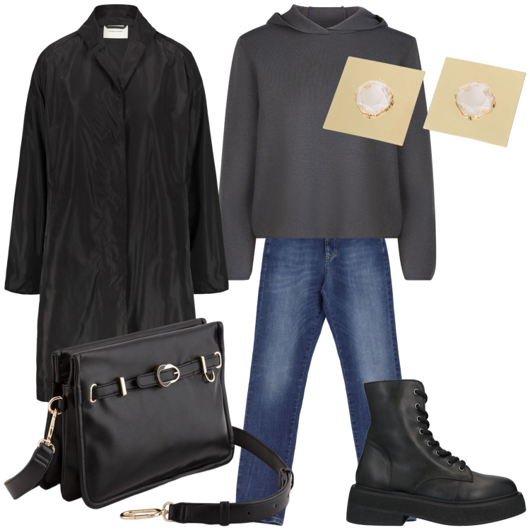 Outfit donna - Lunedì sotto la pioggia. Stile Urban per Tutti i giorni. Abbinamento con stivaletti, jeans slim fit, orecchini, trench, maglieria, borse a tracolla.