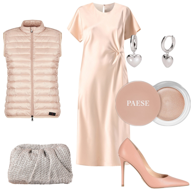 Outfit donna - I love blush colors. Stile Bon Ton per Serata fuori. Abbinamento con décolleté, blush, orecchini, clutch, vestiti midi/longuette, piumini.