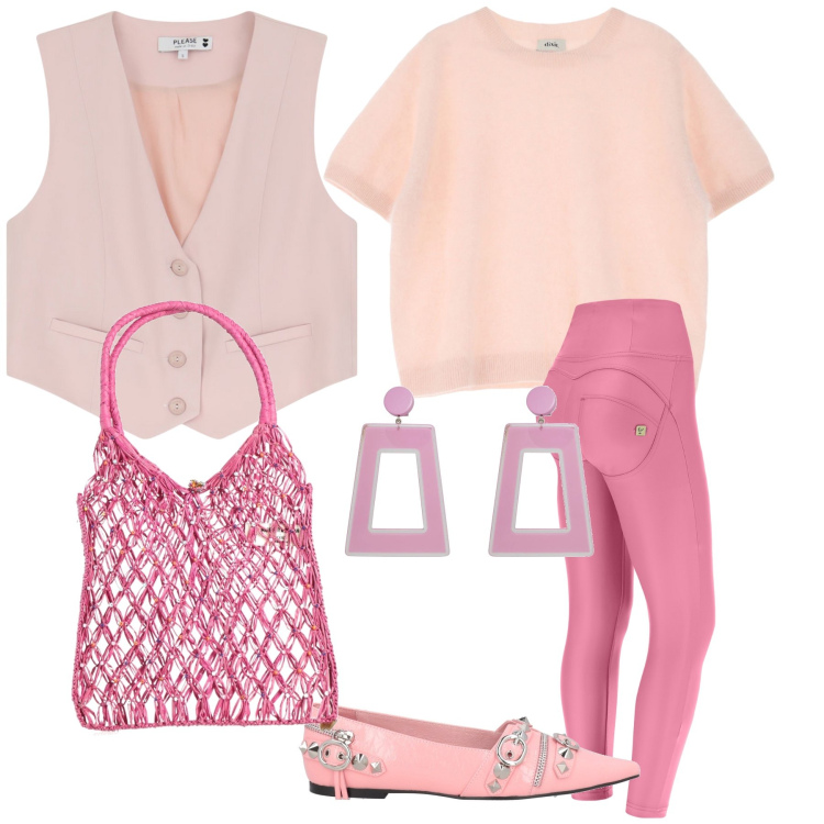 Outfit donna - Pink for every time. Stile Trendy per Tutti i giorni. Abbinamento con orecchini, borse a mano, ballerine, gilet, pantaloni skinny, pullovers.