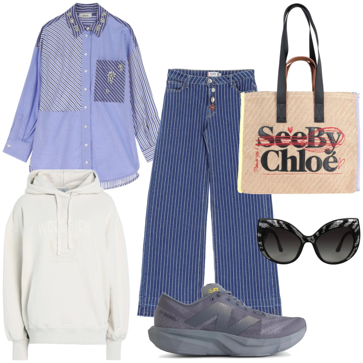 Outfit donna - Originale jeans rigato. Stile Sporty chic per Tutti i giorni. Abbinamento con occhiali da sole, borse a mano, felpe con cappuccio, sneakers, jeans, camicie.